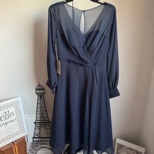 NWT LanTing Bride Midi Dress Long Sleeve Wedding  Blue Lined Bridesmaid V Neck